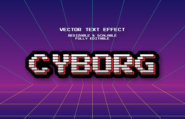 Vector cyborg retro 80s stripped editable text effect