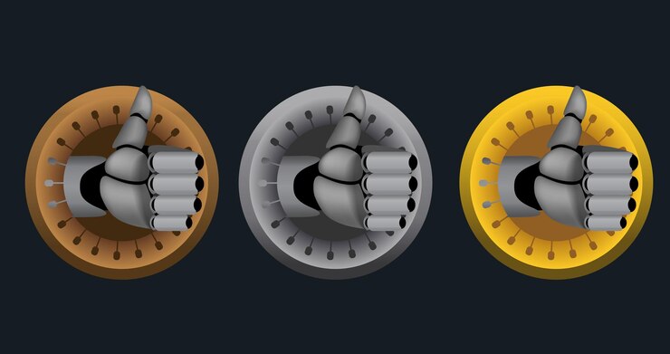 Vector cyborg thumb up rating icons on black
