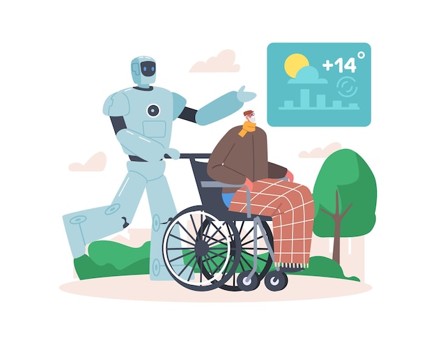 Cyborg verzorger loopt met gehandicapt senior mannelijk personage zittend in rolstoel Robot Hulp aan gehandicapte man