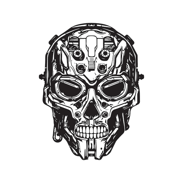 Cyborg vintage logo concept black and white color hand drawn illustration