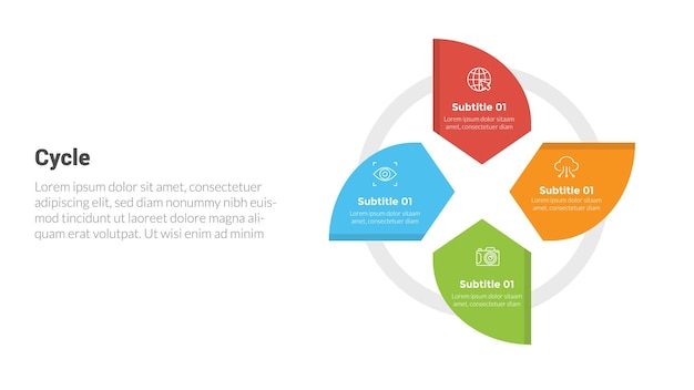 Cycle or cycles stage infographics template diagram with arrow circle or circular shape and 4 point step creative design for slide presentation