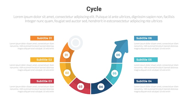 Vector cycle or cycles stage infographics template diagram with big arrow shape line curve bend and 6 point step creative design for slide presentation vector