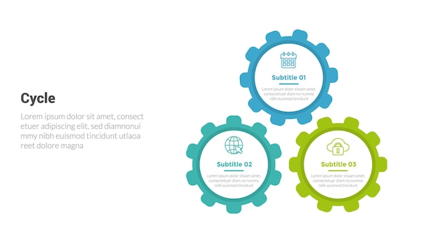 Diagramma del modello di infografica della fase del ciclo o dei cicli con sistema di macchine a ingranaggi e design creativo a 3 punti per la presentazione di diapositive