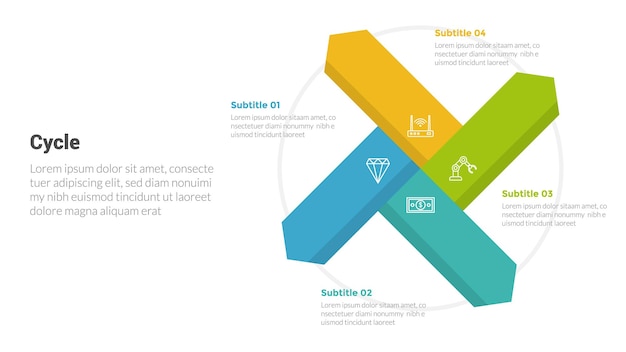 長い長方形の結合形状とスライド プレゼンテーション用の 4 ポイント ステップのクリエイティブ デザインを備えたサイクルまたはサイクル ステージ インフォ グラフィック テンプレート図