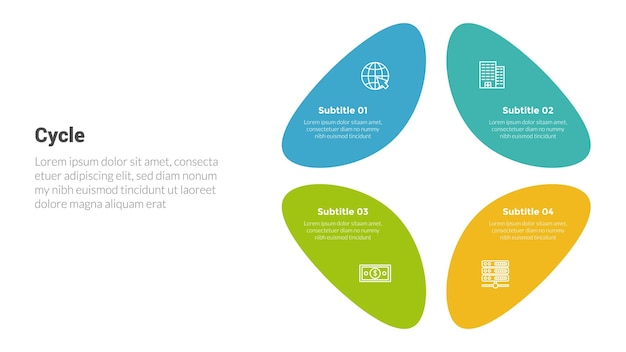 Cycle or cycles stage infographics template diagram with rounded circular shape and 4 point step creative design for slide presentation