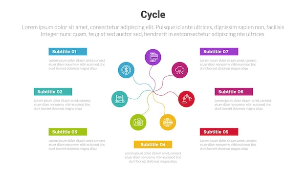 Диаграмма шаблона инфографики этапа цикла или циклов с покачиванием связи в виде небольшого круга и креативным дизайном с шагом 7 пунктов для презентации слайдов