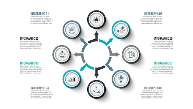 8가지 옵션이 있는 원형 및 화살표 템플릿이 있는 순환 인포그래픽