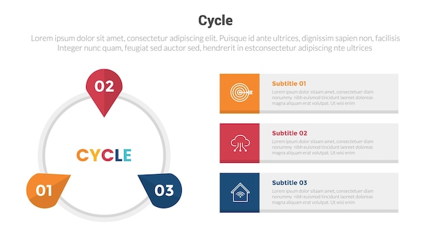 사이클 또는 단계 인포그래픽 템플릿 다이어그램은 큰 원과 물방울 모양의 원형 및 슬라이드 프레젠테이션 터에 대한 3 점 단계 크리에이티브 디자인입니다.