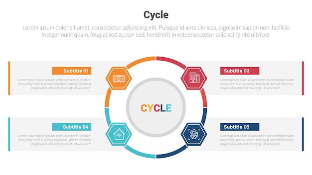 大きな円の中心と付属の六角形の 4 ポイント ステップ スライド プレゼンテーション ベクトルの創造的なデザインを持つサイクルまたはサイクル ステージ インフォ グラフィック テンプレート図