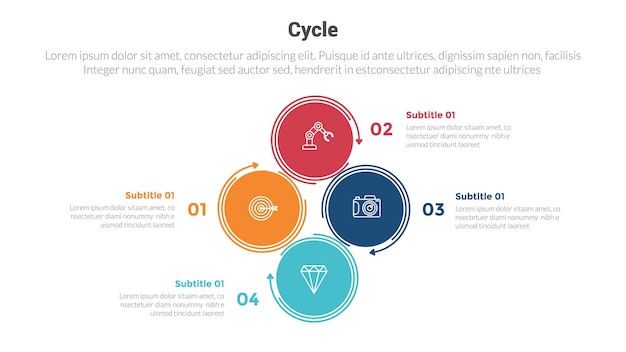 Диаграмма шаблона инфографики этапа цикла или циклов с подключенным креативом большого круга и креативным дизайном в 4 точки для вектора слайд-презентации