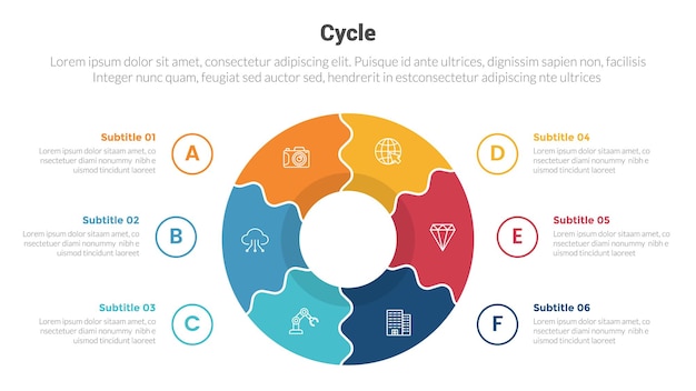 사이클 또는 단계 인포그래픽 템플릿 다이어그램은 큰 원을 중심으로 나누고 6 점 단계 슬라이드 프레젠테이션을위한 크리에이티브 디자인 터입니다.