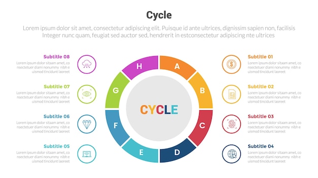 벡터 슬라이드 프리젠테이션 벡터를 위한 중앙 8포인트 단계 창의적인 디자인에 큰 원이 있는 사이클 또는 사이클 스테이지 인포그래픽 템플릿 다이어그램