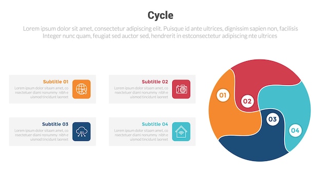 大きな円形とボックスの説明とスライド プレゼンテーション ベクトルの 4 ポイント ステップの創造的なデザインを含むサイクルまたはサイクル ステージ インフォ グラフィック テンプレート図