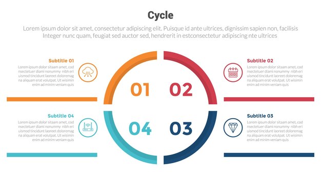 Цикл или циклы этап инфографики шаблон диаграммы с большим ломтиком круга и прямоугольной рамкой и 4-точечным шагом креативный дизайн для вектора слайд-презентации