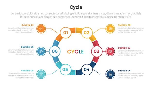 ベクトル ステージインフォグラフィックス - ステージ インフォグラフィック - サイクル インフォグラヒックス サイクルインフォグラフックス サイクルの形状を中心に大きなハネコブ形状と6点ステップのクリエイティブデザインのスライドプレゼンテーションのベクトル