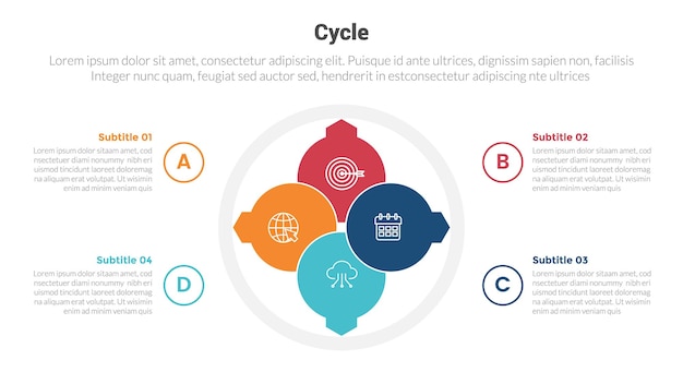 사이클 또는 사이클 스테이지 인포그래픽 템플릿 다이어그램(작은 배지가 있는 원 포함) 슬라이드 프리젠테이션 벡터를 위한 4포인트 단계 창의적인 디자인