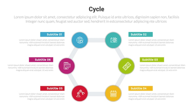 Диаграмма шаблона инфографики этапа цикла или циклов с симметричным круглым кругом и креативным дизайном с 6 точками для презентации слайдов