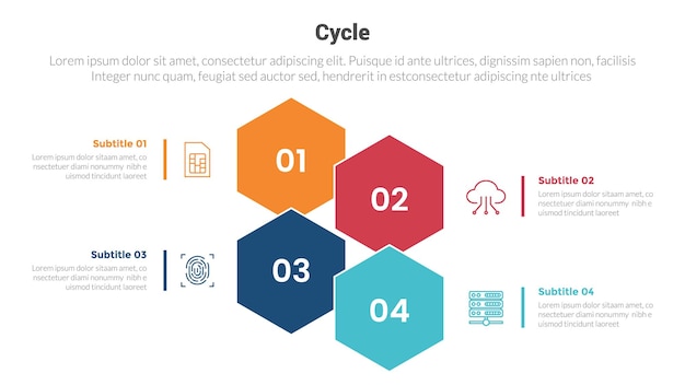 Цикл или циклы этап инфографики шаблон диаграммы с шестиугольником в центре 4-х точечный шаг креативный дизайн для вектора слайд-презентации