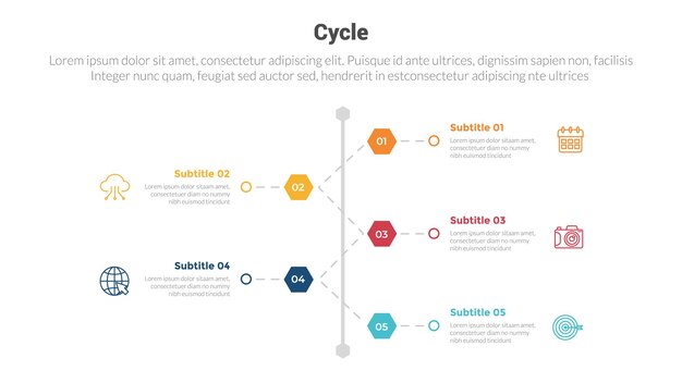Цикл или циклы этап инфографики шаблон диаграммы с вертикальной временной шкалой круговой точки и 5-точечный шаг креативный дизайн для вектора слайд-презентации