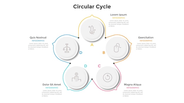 Cyclic diagram with 5 paper white round elements and arrows or pointers. concept of five stages of business cycle. infographic design template. modern vector illustration for data visualization.