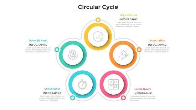 Cyclical diagram with 5 paper white circular elements. Business cycle with five steps or stages. Simple infographic design template. Flat vector illustration for project features visualization.