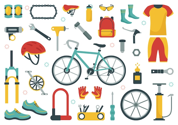 Набор инструментов для велоспорта и велосипедов иллюстрация механика, ремонтирующего велосипеды с запасными частями