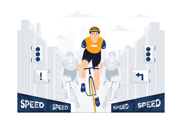 Vector cycling bicycle race group of cyclists in full speed on road concept illustration