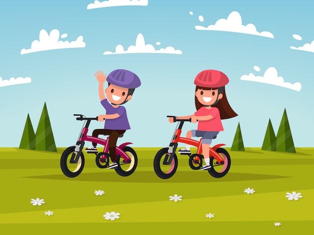 Cycling. Boy and girl go for a drive on bicycles on meadow.   illustration