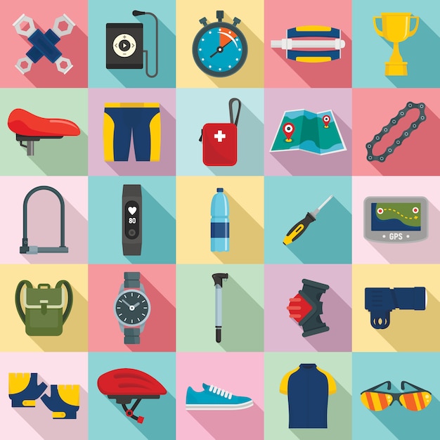 Cycling equipment icons set, flat style