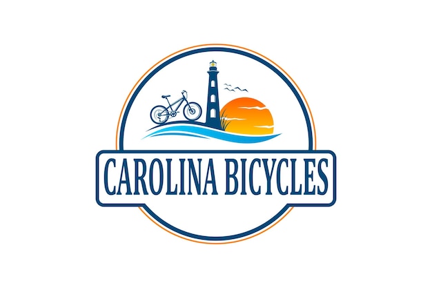 Cycling sport logo on the north carolina coast with sunset views and lighthouse building