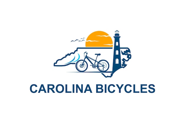 Vector cycling sport logo on the north carolina coast with sunset views and lighthouse