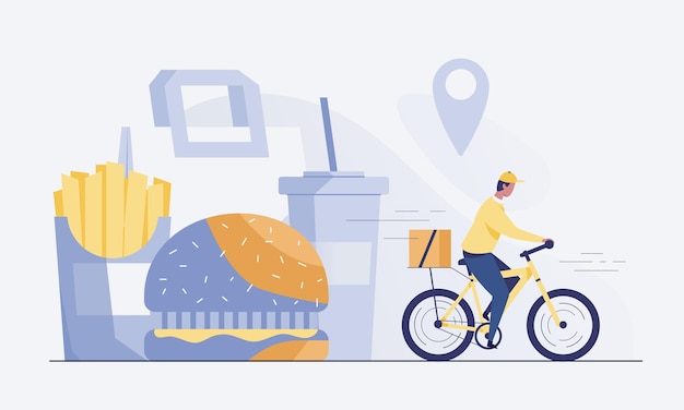 Vector cyclist delivering food to customers. fast food like a burger. vector illustration