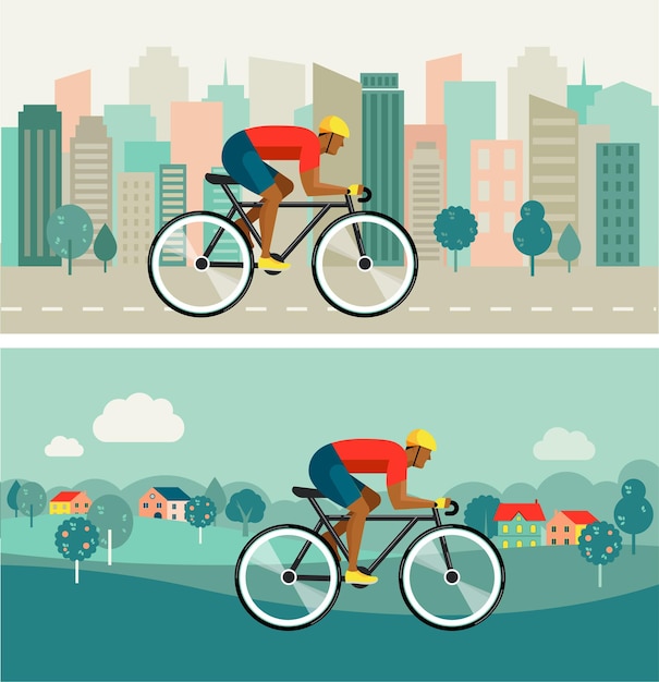 Cyclist riding on bicycle on city and countryside illustration.