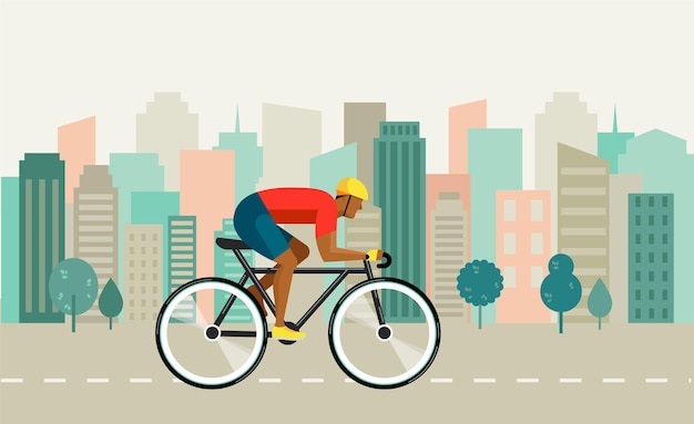 Cyclist riding on bicycle on city illustration and poster