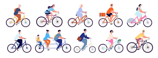 Personaggi dei ciclisti. divertente donna attiva, ciclista in bicicletta all'aperto. divertimento per il tempo libero, pilota di ragazza felice isolato e set di vettori per bici da persona. esercizio sportivo in bicicletta, illustrazione di attività di guida di stile di vita