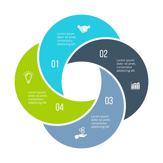 Cyclus infographic diagram met 4 opties of stappen. Abstract element verdeeld in vier delen.