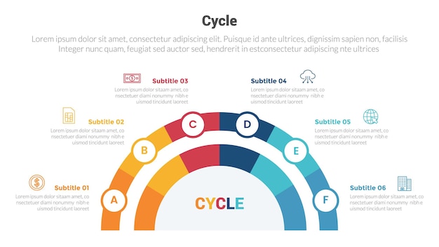 Cyclus of cycli stadium infographics sjabloondiagram met halve cirkel in het midden en 6-punts stap creatief ontwerp voor diapresentatievector