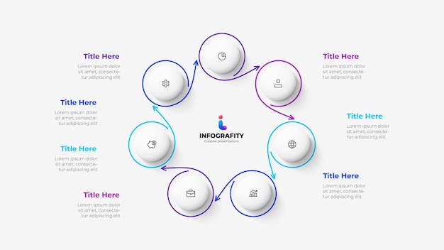 Cyclusdiagram met 7 opties of stappen Infografische sjabloon Zeven witte cirkels met dunne lijnen