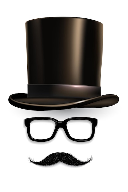 Vector cylinder, glasses, moustaches, retro gentleman accessories for video chat, selfie editing smartphone application.