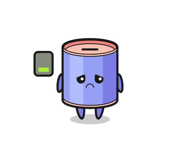 Cylinder piggy bank mascot character doing a tired gesture cute design