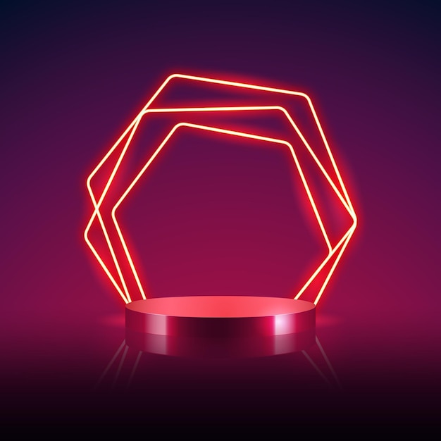 Cylinder Podium with Abstract Red Hexagonal Neon Frame