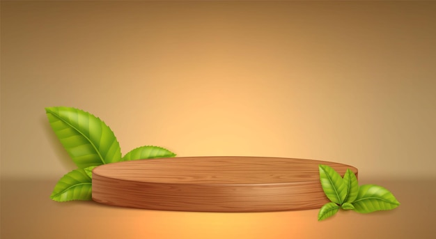 Vector cylinder podium with wood texture and green leaves