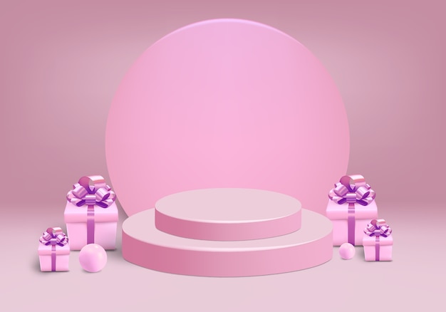 Cylinder with gift box and scene on the pink background