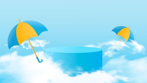 Cylindrical podium for displaying products during the rainy season design with realistic clouds and colorful umbrellas vector