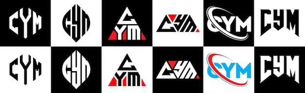 CYM letter logo ontwerp in zes stijl CYM veelhoek cirkel driehoek zeshoek platte en eenvoudige stijl met zwart en wit kleur variatie letter logo set in één artboard CYM minimalistische en klassieke logo