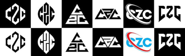 CZC letterlogo-ontwerp in zes stijlen CZC veelhoek cirkel driehoek zeshoek platte en eenvoudige stijl met zwart-witte kleurvariatie letterlogo in één tekengebied CZC minimalistisch en klassiek logo
