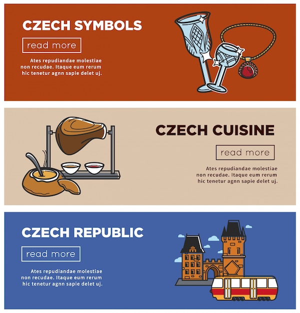 Vector czech republic banners of sightseeing symbols and prague travel attraction icons