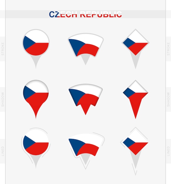 Bandiera della repubblica ceca insieme di icone di posizione pin della bandiera della repubblica ceca