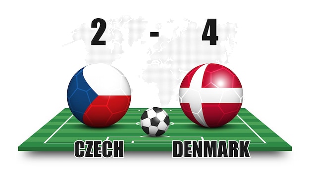 チェコ対デンマーク。遠近法サッカー場に国旗模様のサッカーボール。点線の世界地図の背景。サッカーの試合結果とスコアボード。スポーツカップトーナメント。 3Dベクトルデザイン。