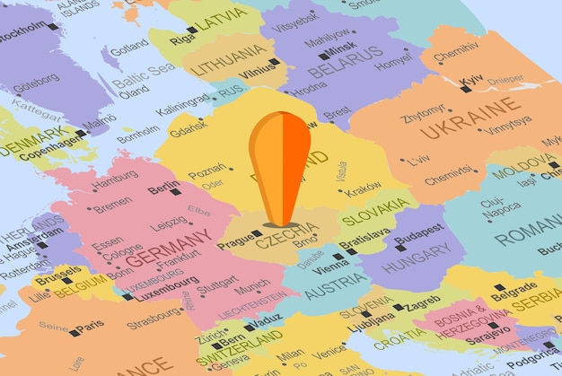 Vettore cechia con segnaposto arancione sulla mappa dell'europa, primo piano cechia, concetto di vacanza, idea di viaggio